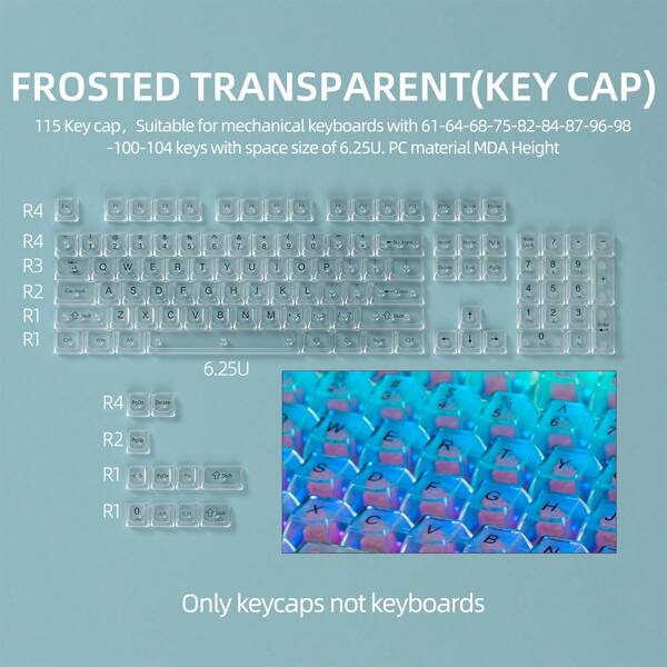 115 Keycap Set, Frosted Transparent / Black Transparent / Fully Transparent PC Material, MX Stem, OEM Profile, Compatible With 61/68/75/80/87/98/100/104 Keys Mechanical Keyboards