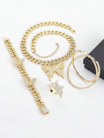 蝴蝶链首饰套装，包含链项链、水钻蝴蝶吊坠项链、水钻蝴蝶手链、大耳环、闪亮耳环、戒指套装、闪亮派对配饰