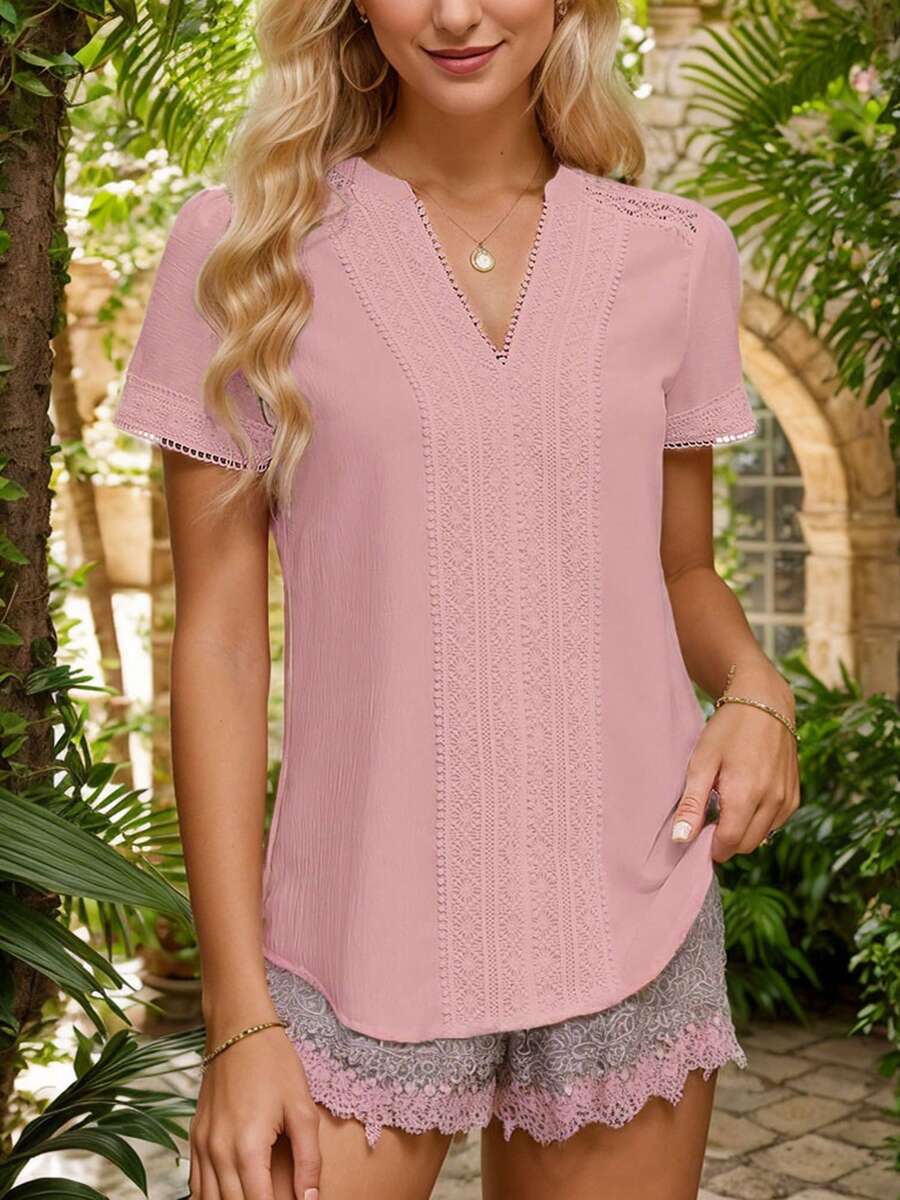 tooluck Womens Dressy Casual Blouses Short Sleeve V Neck Business Tops Ladies Fashion Summer Office Work Shirts Pink - 粉色 - 查看 1