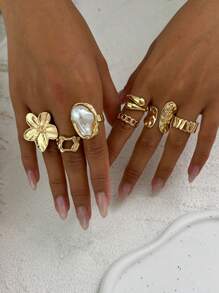 6pcs/7pcs Set Vintage Geometric Flower Embellished Ringed Jewelry Set, Luxury Casual Everyday Rings For Women, Couples, Holidays, Birthdays, Versatile Accessory Gift