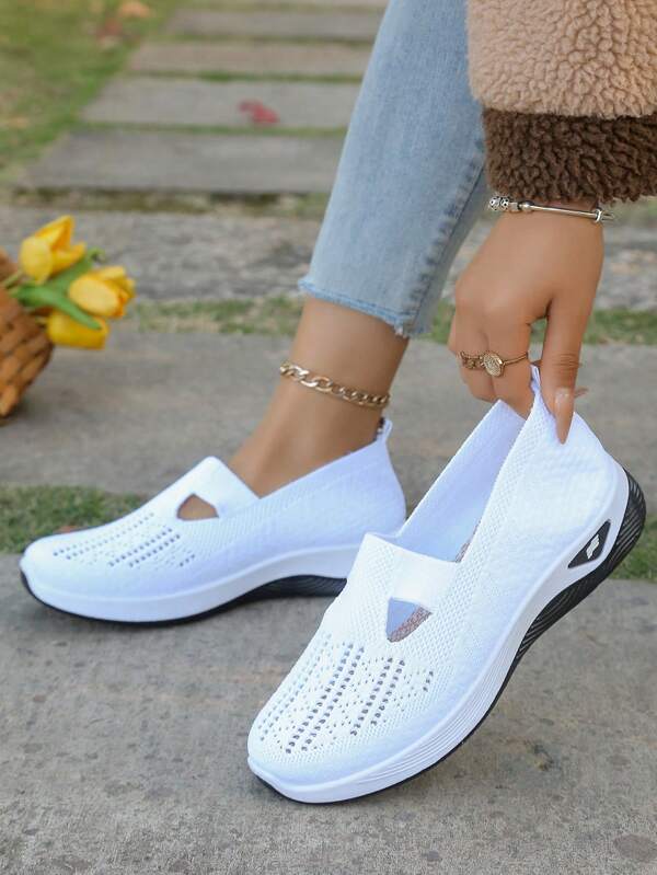 Women's Casual Breathable Slip-On Walking Sneakers - Solid Color Fabric Upper With Cut-Out Design, Lightweight PU Sole, All-Season Comfort Shoes, Plain Toe Low Top Flats