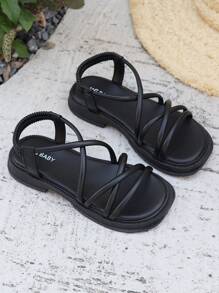 Girls' Korean Style Versatile PU Leather Roman Sandals, New Soft Bottom Fashion Open Toe Anti-Slip Beach Shoes, Suitable For Summer