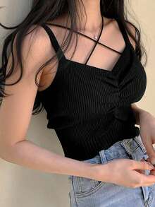 Bộ áo hai dây/áo tank top nữ thời trang thường ngày đa năng thiết kế mới Xuân/Hè 2025 màu đen - màu đen - Xem 3
