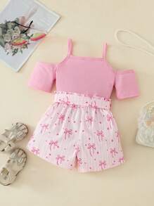 Girls Spring/Summer 3pcs Set: Cold Shoulder Strap Solid Color Top + Butterfly Print Shorts + Belt
