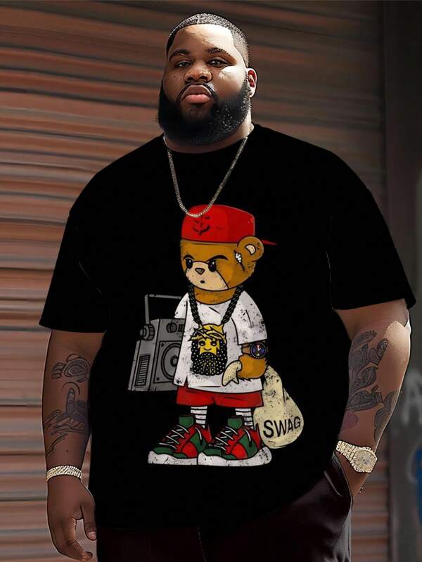 Große Größen Herren T-Shirt mit "Hip Hop Plüsch Teddybär" Aufdruck, Polyester Strickstoff, Rundhalsausschnitt, lässiger Schnitt, neuartiges Grafikdesign