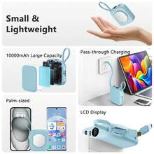 LUCKYDUO 10000mAh 移动电源内置 2 条电缆，LED 显示屏快速充电电池组，带镜子的便携式充电器，旅行必备，超薄电池组，兼容 和其他 Type-C Android 手机，适合夏季假期户外旅行/露营和紧急备用移动电源，适合送给家人、朋友、生日电量显示的礼物 - 藍色 - 查看 4