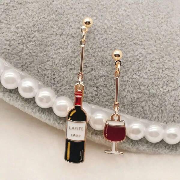 2 peças Brincos em Formato de Miniatura de Garrafa de Vinho Tinto Criativa, Joia de Comida Engraçada, Presente para Amantes de Vinho