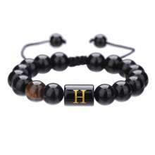 1pc Natural Black Agate 26 Letter Beaded Adjustable Braided Bracelet, Suitable For Various Occasions Like Festivals, Sports, Casual, Business Wear