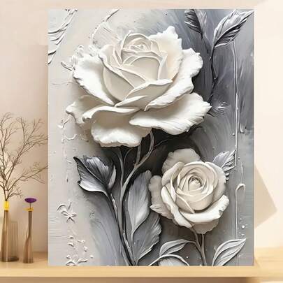 Kit de pintura a óleo digital faça você mesmo para adultos, 40 x 50 cm, com tinta e pincéis, ideal para relaxamento, pintura de números, feito à mão, design de arte elegante em preto e branco com rosas, decoração de parede, artesanato, pintura para iniciantes, presente atencioso para amigos (sem moldura)