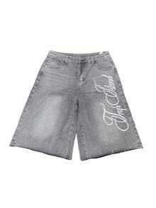 Men's Summer Casual Denim Shorts Knee Length  Letter Embroidered Rhinestone Jeans Shorts - Xám - Xem 4