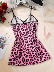 1 件女式性感豹纹撞色蕾丝印花开衩下摆吊带睡袍 - 西瓜粉 - 查看 5