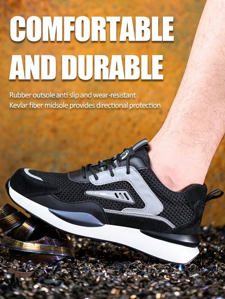 Chaussures de travail d'été respirantes pour hommes avec embout en acier, résistantes aux perforations, anti-écrasement, confortables, résistantes aux odeurs, pour les chantiers de construction - Noir - Voir 7