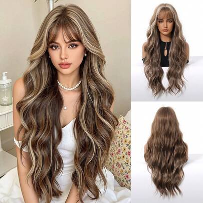 Tóc giả dài 26 inch màu nâu đỏ ánh đồng, xoăn nhẹ, phù hợp cho nữ, bồng bềnh và bóng mượt, có mái, thích hợp cho các bữa tiệc và sử dụng hàng ngày.