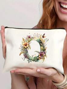 26-Letter Floral Alphabet Canvas Pouch - Lightweight Foldable Cosmetic Bag With Zipper Closure, Machine-Washable White Toiletry & Pen Case For Women, Mothers, Daughters - Perfect Graduation, Wedding, Holiday Gift