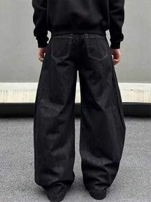 Men's Vintage Loose Wide-Leg Jeans, Pioneering Casual Streetwear - Fashionable Loose-Fit Overall - Black - View 2
