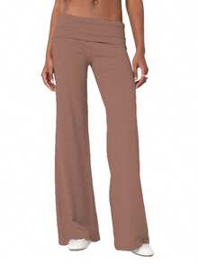 Women's Spring Summer Baggy Pants Foldover Waist Solid Color Loose Wide Leg Pants - Chocolate Color - View 4