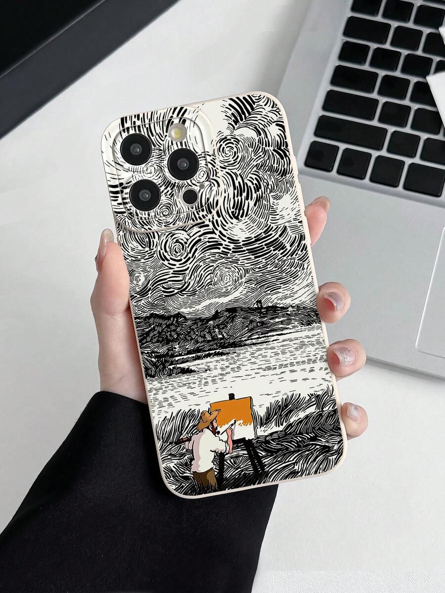 1pc Creative Starry Sky Painting Design Milky White Phone Case, Durable, Shock-Resistant And Fashionable TPU Material Phone Case, Compatible With IPhone And Galaxy Cases, Suitable For IPhone 13 - Multicolor - View 1