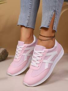 女士时尚粉色运动鞋，白色鞋带，橡胶鞋底 - 适合所有季节的休闲低帮运动鞋，舒适的步行鞋|休闲鞋|橡胶鞋底运动鞋 - 粉色 - 查看 4