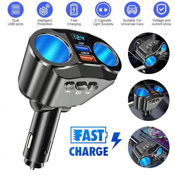 Car Cigarette Lighter Splitter Charger Dual USB QC 3.0 Quick Charge 3.0 Ports 12V Auto Accessory FM Radio Transmitter Bluetooth 5.0 Hands-Free Calling & Audio Streaming Adapter Compatible With Iphone 15 14 13 Pro Max Sam Sung Galaxy S24 S23 S22 Ultra Pixel IPad Tablet GPS Dash Cam Portable Vacuum Cleaner Air Pump Tire Inflator Cooler Warmer