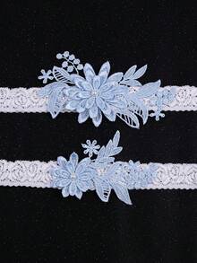 2pcs/Set White Lace & Blue Faux Pearl Floral Romantic Wedding Bride Bridesmaid Sexy Garter Thigh Chain Suit - A - View 3