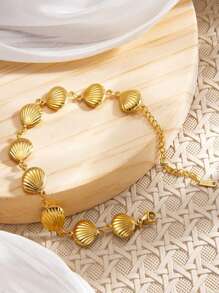 1pc Fashionable Stainless Steel Shell & Wave Adjustable 18k Gold Plated Bracelet, Simple Luxury Personalized Bracelet For Women, Suitable For Daily Casual Wear, Holiday And Party Gift!