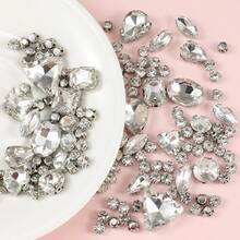 130pcs White Crystal Claw Diamonds, Glass Sewing Diamonds DIY Clothing Accessories Materials, Mixed Shape Sew On Gems Metal Claws, Jewelry DIY Crafts Materials