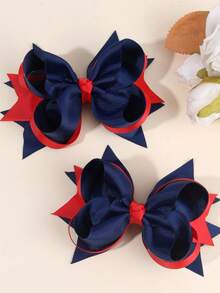 2pcs Navy Blue & White Contrast Bowknot Hair Clips, Satin Ribbon Hair Accessories, Suitable For School, Wedding, Formal Occasions - Multicolor - View 2