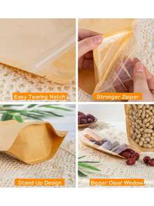10/50个透明棕色牛皮纸拉链塑料包装袋，自立袋带拉链锁，可重复使用坚果、咖啡、食品储存袋 - 棕色 - 查看 3