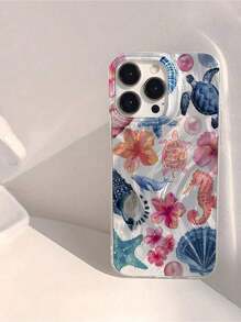 1pcs Bright Blue & Orange Seascape Shell Design Shiny Waterproof Shockproof Non-Slip Soft Phone Case Protective Cover, Compatible WithIphone
