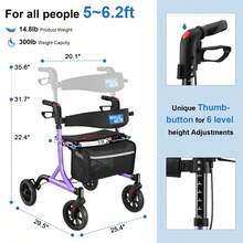 WALK MATE Rollator Walker For Seniors With Cup Holder, Upgraded Thumb Press Button For Height Adjustment, 4 X 8" Wheels Walker With Seat Padded Backrest Folding Lightweight Walking Aid - 紫色 - 查看 3