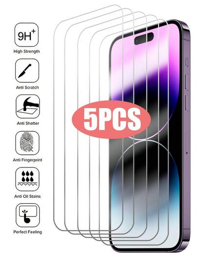 5pcs Tempered Glass Compatible With IPhone 17 16 16e 15 14 13 12 11 Pro Max Screen Protector Compatible With IPhone 12Mini 13Mini 7 8 14 Plus SE X XS XR Glass