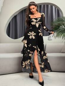 Women's Elegant Sexy Long Sleeve Y2K Romantic Pleated Two-Layer Long Sleeve Abstract Leopard Print Dress