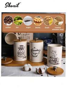 shoxil 3pcs Coffee, Sugar, Tea Canister Set With Airtight Bamboo Lids, Metal Leak-Proof Jars, Space-Saving Airtight Storage Containers, Vintage Kitchen Food Storage - Canister Set - View 6