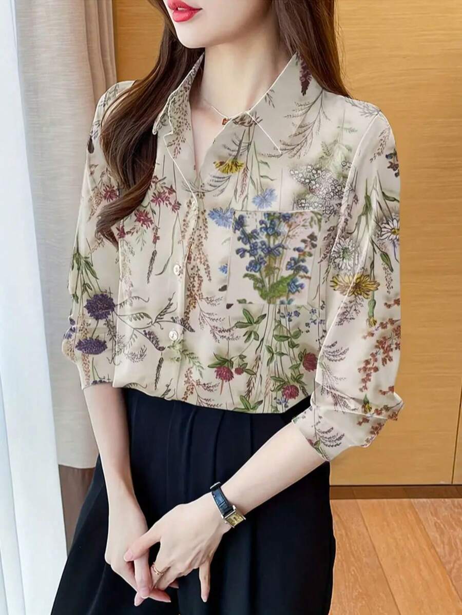 Blusa de oficina de manga larga con estampado, elegante y de uso diario para mujer - Multicolor - Ver 1