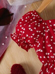 夏季少女情人节爱心印花方领泡泡袖鱼尾拼接连衣裙 - 紅色 - 查看 3