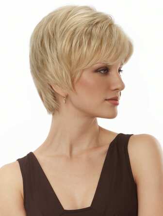 女士假发 8 英寸短发金色直发耐热纤维高密度刘海合成假发适用于日常派对音乐节和狂欢节