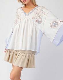 Women's Floral Print Babydoll Tops Summer V Neck Flare Sleeves Boho Loose Flowy Beach Vocation Tee Shirts - trắng - Xem 2