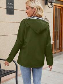 女士长款连帽雨衣，轻便休闲雨衣，全拉链设计，适合徒步旅行，女士户外防风外套，轻薄款，春夏款 - 軍綠色 - 查看 5