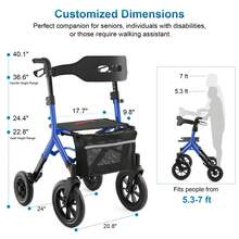 WALK MATE Tall Seniors-Folding Adjustable Aluminum Rollator Walker With Seat 12" Front Wheel + 10" Rear Wheel - Navy Blue - View 9