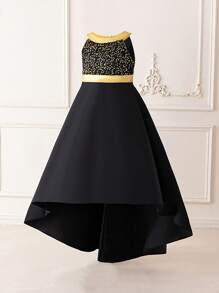 Vestido formal de hombros descubiertos de fiesta de boda para niña preadolescente, elegante vestido de dama de honor de tren para fiesta de cumpleaños, vestido de princesa lujoso negro y dorado para ocasiones especiales