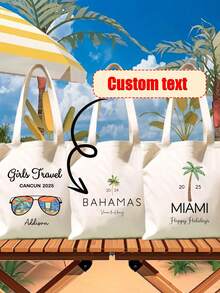 1PC Custom Printed Coconut Tree Pattern Letters Holiday Beach Bag Single Bag Beach Handbag Birthday Travel Party Bag Girls Suitable As Travel Gift Daily Party Return Gift Personalized Gift - Beige - View 2