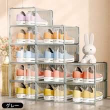 【6個セット/5kg耐荷重】シューズボックス クリア 収納ボックス スリム 省スペース クリア 透明 業務用 前開き 収納 ケース ディスプレイ 靴 大容量 靴棚 組立て式 扉付き 防塵 クロゼット 下駄箱 積み重ね Mサイズ Lサイズ - ブラック/L - チェックする 2