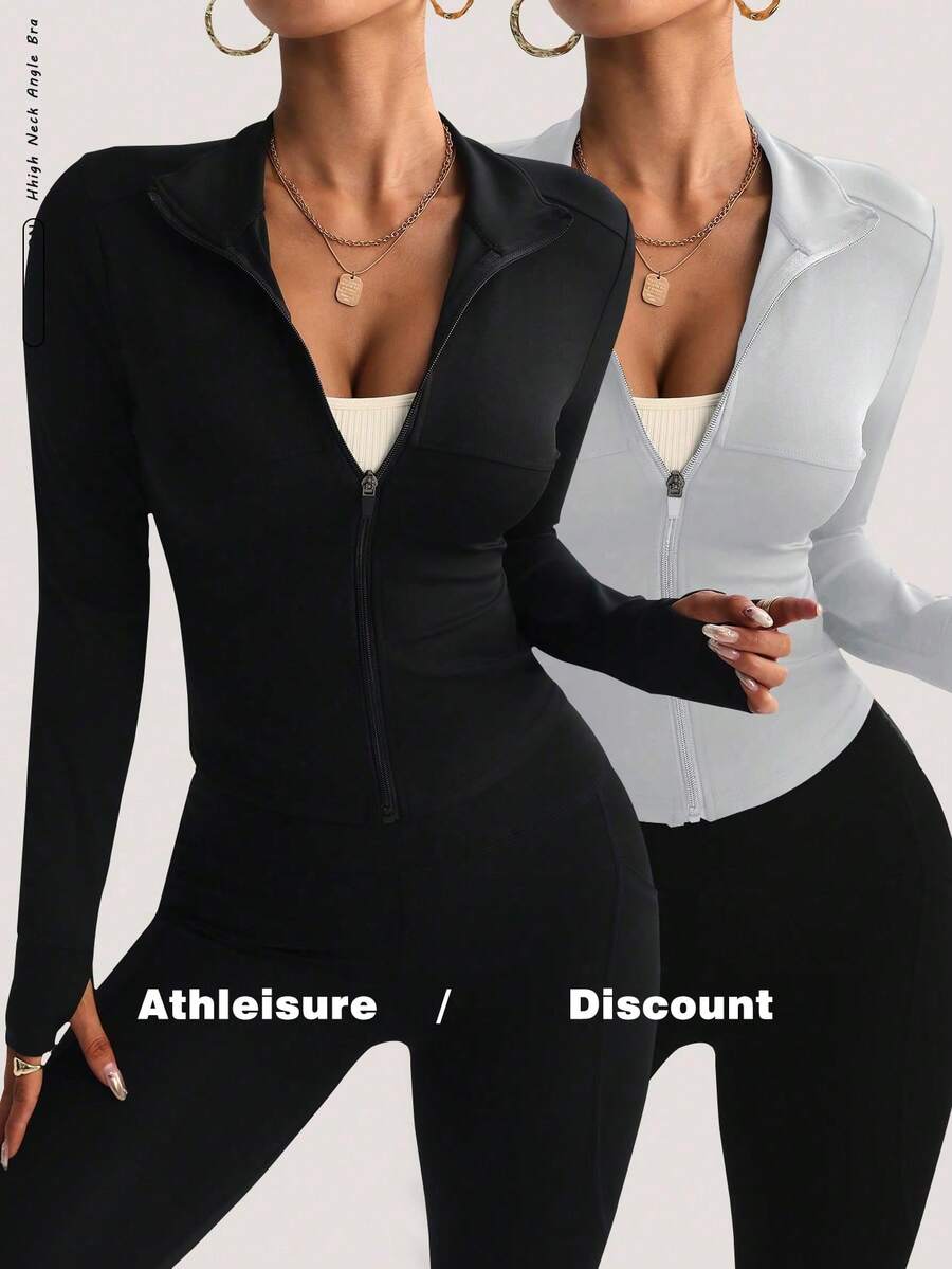 FWH 女士修身健身跑步运动拉链弹力休闲收腹柔软风格简约优雅服装套装 - 极具吸引力的组合，撞色拼接，跑步街头穿着，时尚性感紧身长袖瑜伽夹克两件套