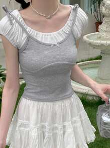 French Style Puff Sleeve 2 In 1 Short Sleeve T-Shirt, Fitted And Elegant Short Top
