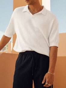 Unisex Spring/Summer Loose Casual Polo Collar Knit Short Sleeve Top, Simple Design, Business/Retro Style, Europe/Asia