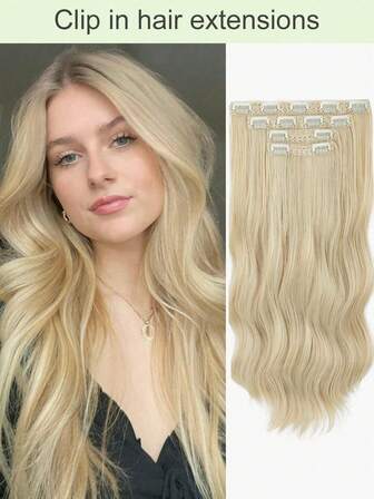 Clip In Hair Extensions, 20 In Long Wavy Synthetic Fiber Hair Extensions Clip Ins Thick Soft Synthetic Clip In Hairpieces For Women Girls Daily Use Party(Blonde)