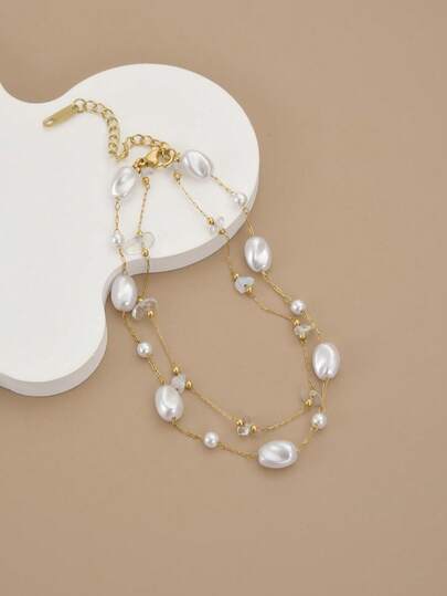 1 件女士时尚不锈钢珍珠沙滩脚链（由于手工制作，珍珠和珠子的长度和数量可能有所不同）