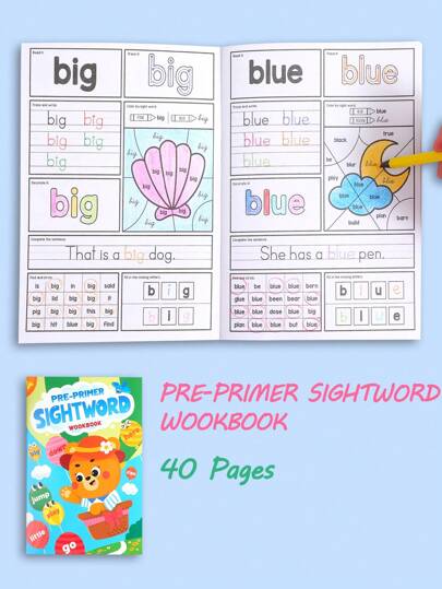 40PAGES Sight Words Pre - Primer Workbook For 3-6 Year Olds, Boost Reading & Writing, Toddler Educational Toys For Writing Practice, Back To School / Welcome Learn Gift, Teacher Gifts, Classroom Learning For Kids, Stationery Supplies