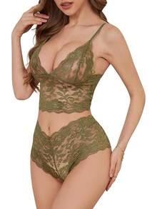 Floral Lace Lingerie Set High Waist Sleepwear Bra And Panty 2 Piece Nightwear 2025 Back-To-School Season Fall Pjs - 橄欖綠 - 查看 2