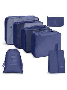 7/8 pièces Ensemble d'organisateur de voyage - Sacs de rangement multifonctionnels, sac à pinceaux de maquillage, sac à cosmétiques, sac à produits de soins de la peau, sac à vêtements, sacs à fermeture éclair, sac fourre-tout, sac à mailles, sac à chaussures, sac à bouteille, sac à cordon, sac général, sac à lingerie, organiseur de bagage, organiseur de bijoux, trousse de toilette. Grande capacité, portable, maille, gain de place, convient au rangement des vêtements, pantalons, sous-vêtements, cosmétiques, articles de toilette, chaussures, nécessités quotidiennes, organisation des voyages